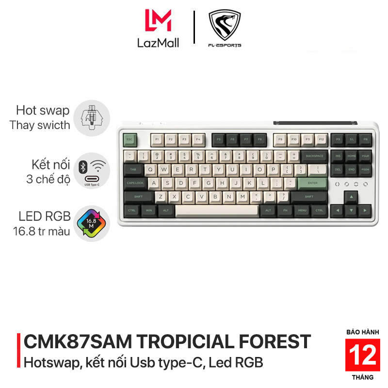 Bàn phím cơ chơi game không dây FL-Esports CMK87SAM Tropical Forest 3 Mode Wireless  RGB - Hotswap - Led RGB - 3 chế độ kết nối - Kailh Box switch - Hàng chính hãng