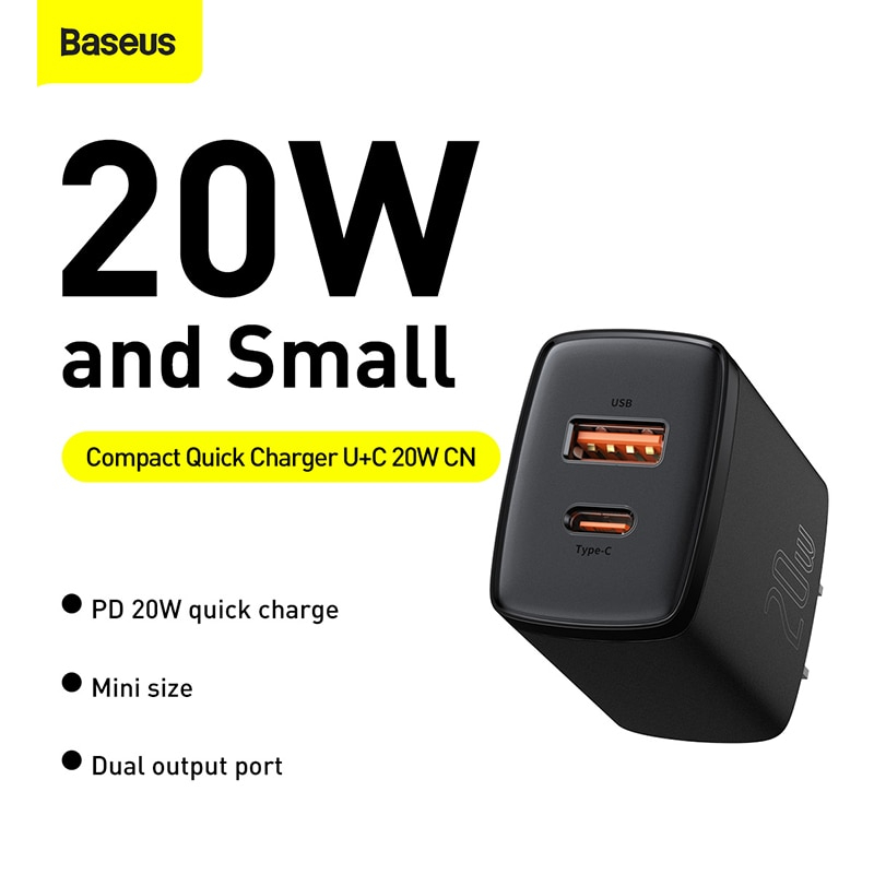 Cốc sạc nhanh siêu nhỏ gọn Baseus Compact Quick Charger 20W (USB + Type C Dual Port, 20W PD/QC 3.0 Multi Quick Charge Support)