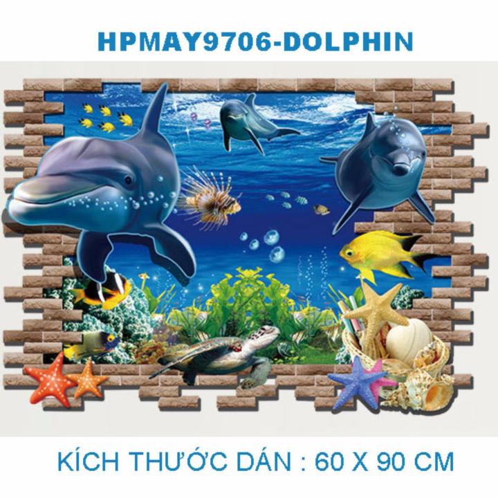 Decal dán tường Cá Heo 3D Sticker Tranh Dán Tường - AY9706 ,Decal dán tường động vật