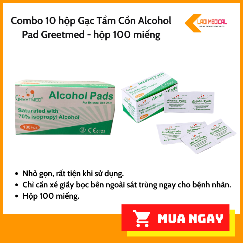 Combo 10 hộp gạc tẩm cồn alcohol pad greetmed - hộp 100 miếng