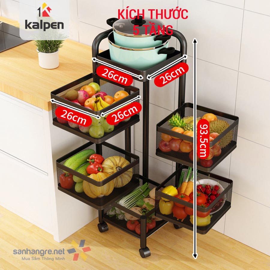 Kệ rổ xoay vuông tròn thông minh đa năng Kalpen có bánh xe xoay 360 độ