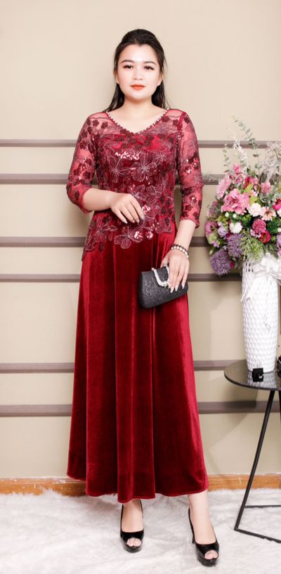 [ XẢ HÀNG GIÁ GỐC ] ĐẦM NHUNG PHỐI REN KIM XA CAO CẤP - CMB11