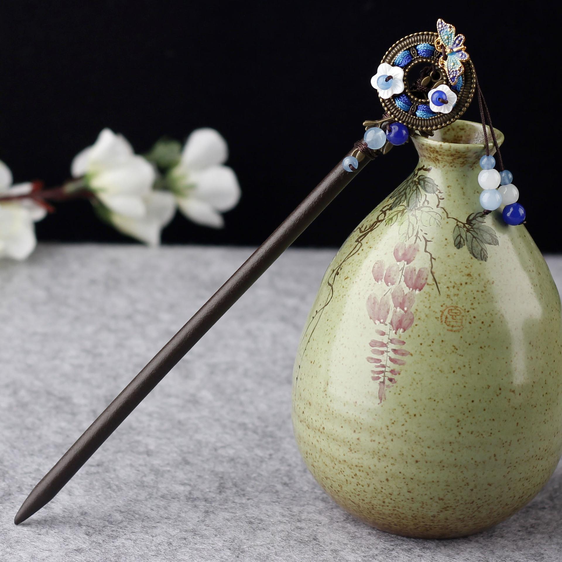 Trâm gỗ cổ trang hoa nhí xanh biển trâm cài tóc nữ phong cách cổ trang trung quốc