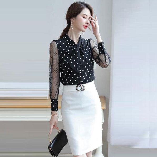 [HCM]ÁO SƠ MI CÔNG SỞ NỮ CHẤM BI TAY PHỐI LƯỚI CAO CẤP