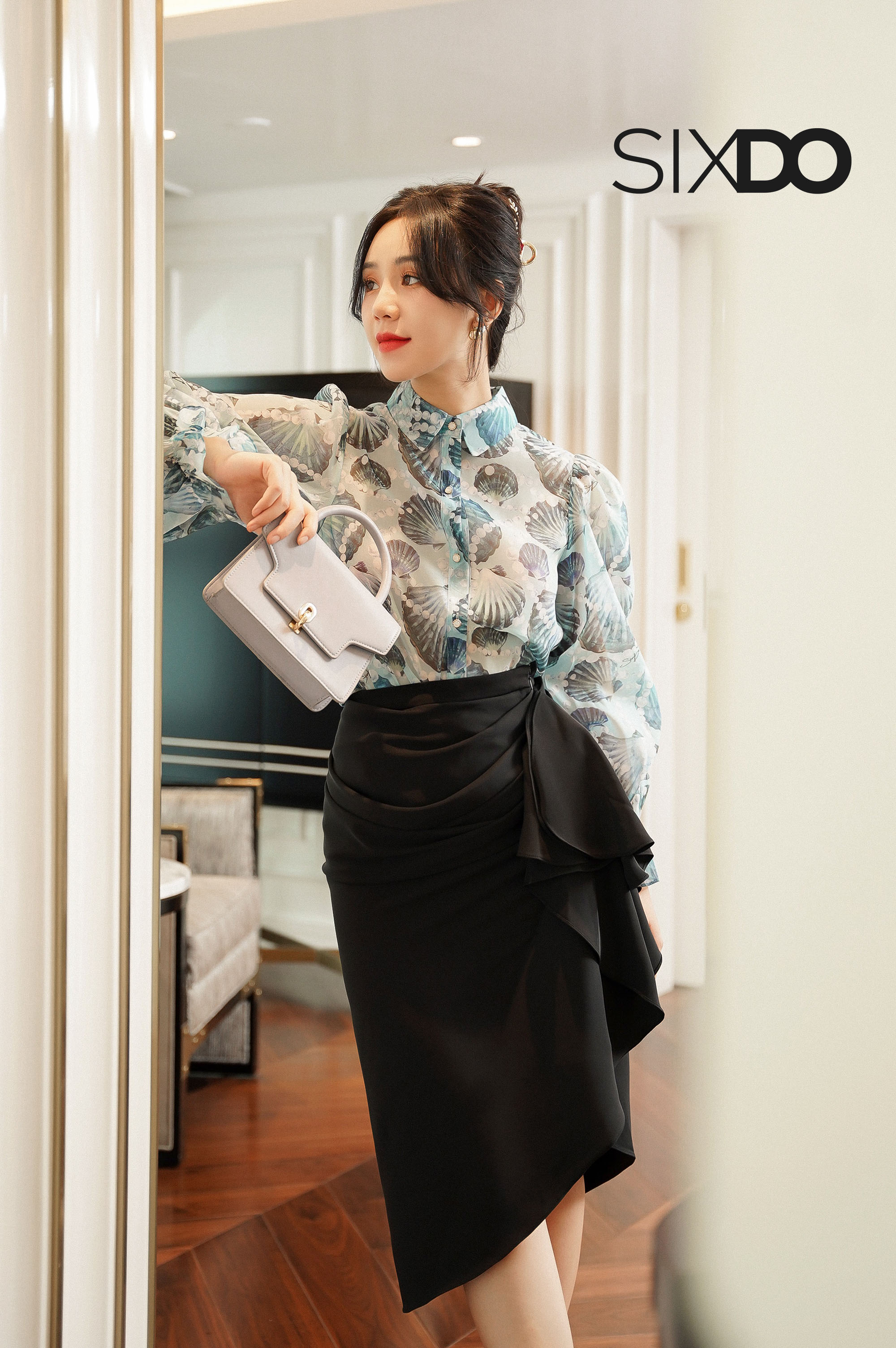 Chân váy lụa vạt chéo nhúm eo SIXDO