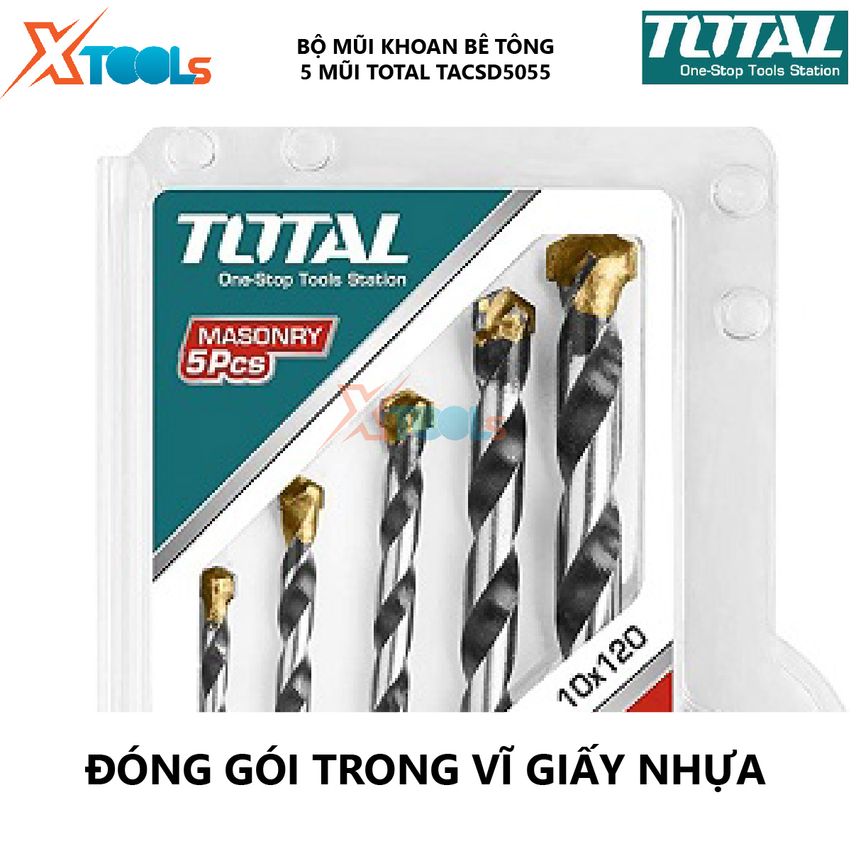 Bộ 5 mũi khoan bê tông TOTAL TACSD5055 combo 5 mũi đục bê tông Gồm 5 kích thước giúp hỗ trợ khoét lỗ trên bề mặt vật liệu như sắt, thép, gỗ, bê tông