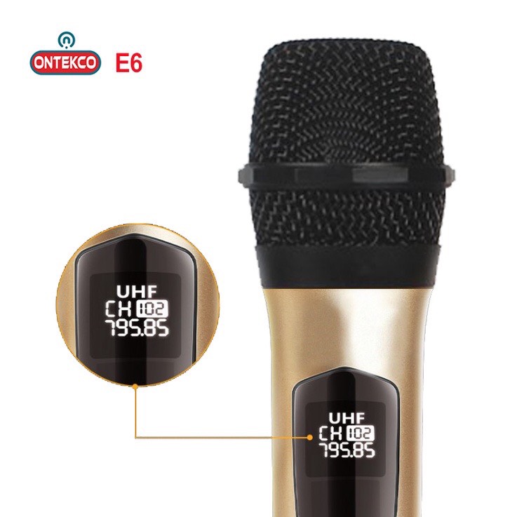 Bộ Micro Không dây karaoke ONTEKCO E6S Màu Gold, Micro Ontekco Chuyên dùng cho mọi loa kéo và amply, Micro hiển thị Màn hình Led - Bảo hành 12 Tháng