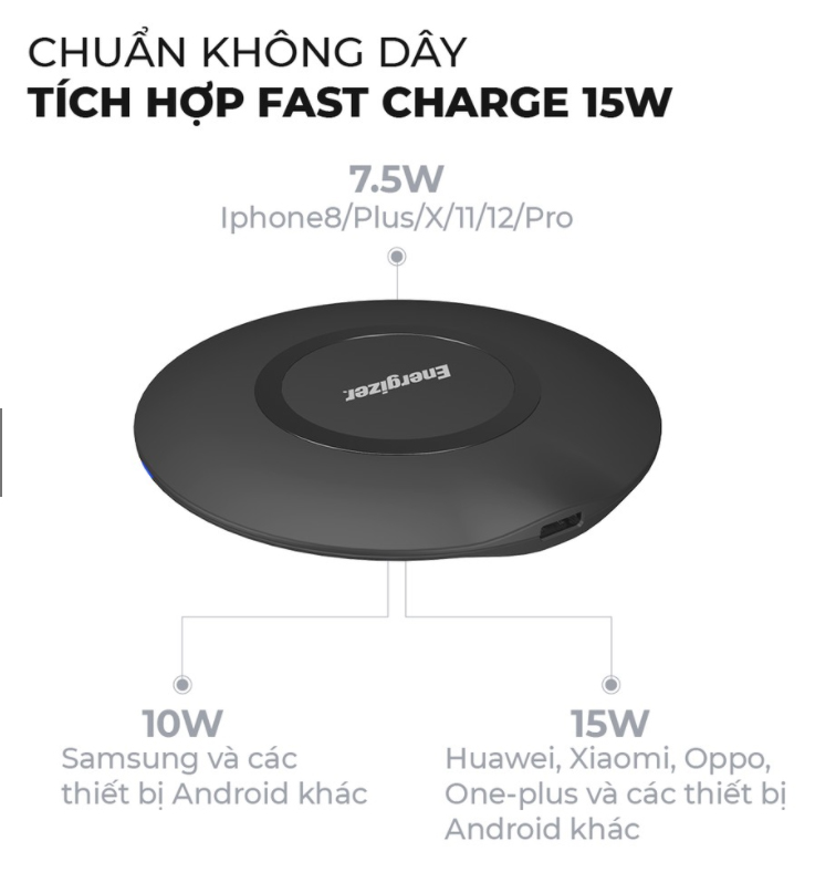 [HCM]Đế sạc không dây Energizer 15W kèm cáp MicroUSB - WCP105 (BẢO HÀNH 2 NĂM 1 ĐỔI 1)