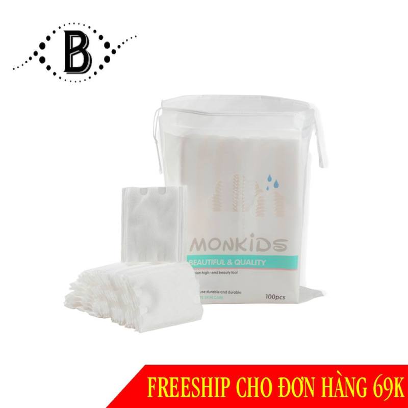 Bông tẩy trang 100% cotton 3 lớp mềm mịn thấm hút cực tốt 100 miếng/bịch - Thương Hiệu MONKIDS cao cấp