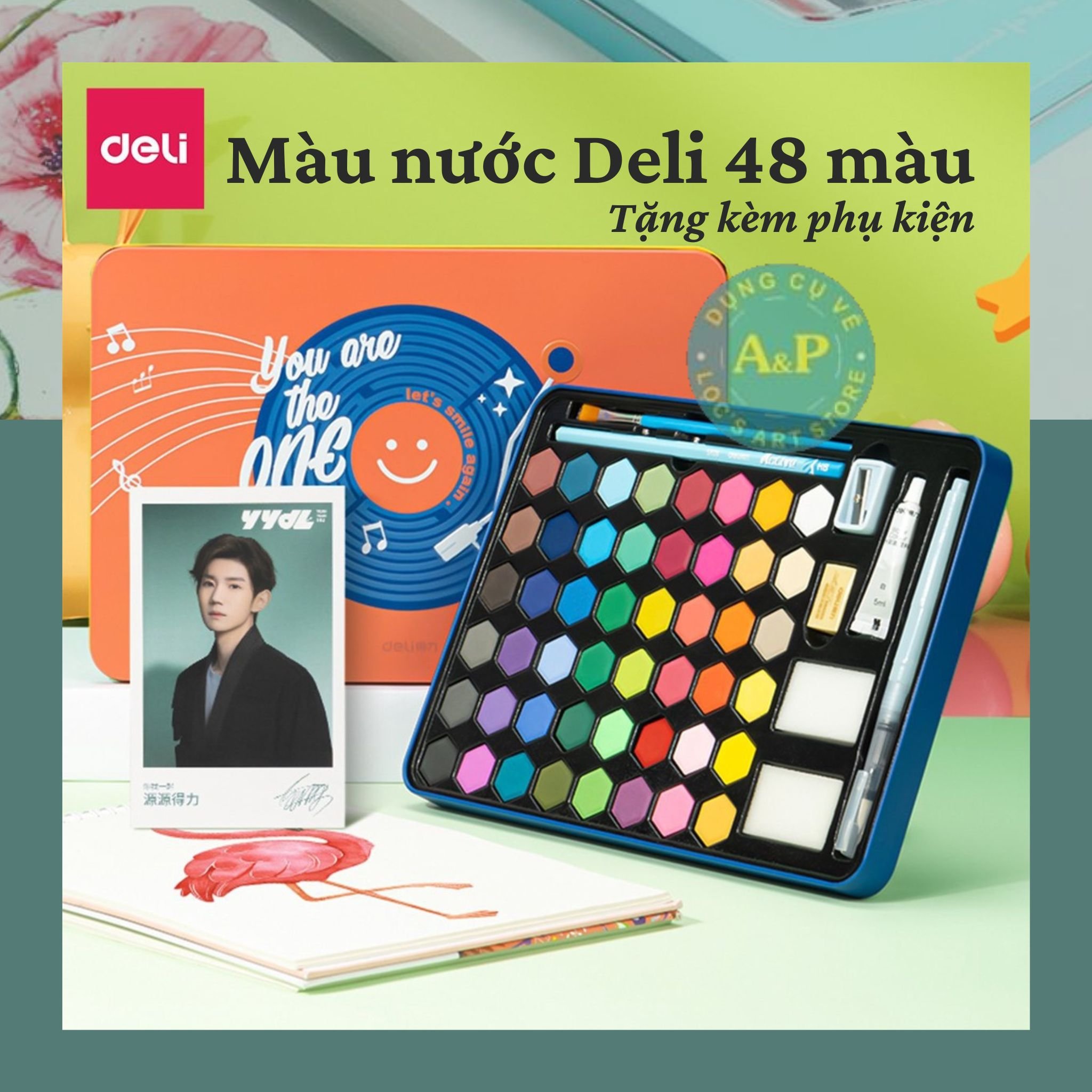 Màu nước dạng nén Deli 48 màu phiên bản mới Water color gồm 8 dụng cụ chuyên nghiệp - 73936