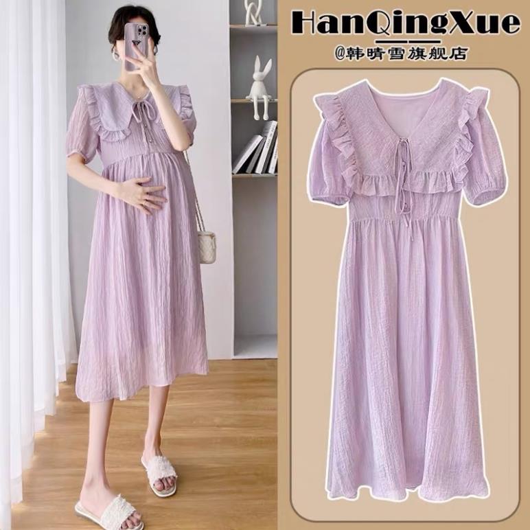 Váy bầu đũi, Đầm bầu Cổ V Màu Tím Pastel