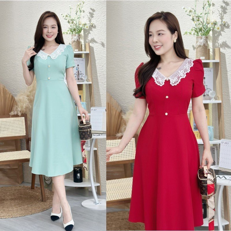 Đầm xòe cổ phối ren, đính nút, tay phồng Misa - MS0284 (Hình thật shop chụp)