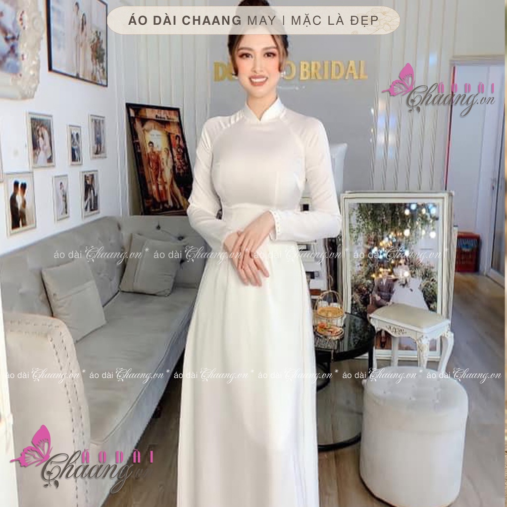 Áo dài cô dâu lụa ngọc 4 tà cổ đính đá ngọc cao cấp áo dài cưới trắng trơn thiết kế