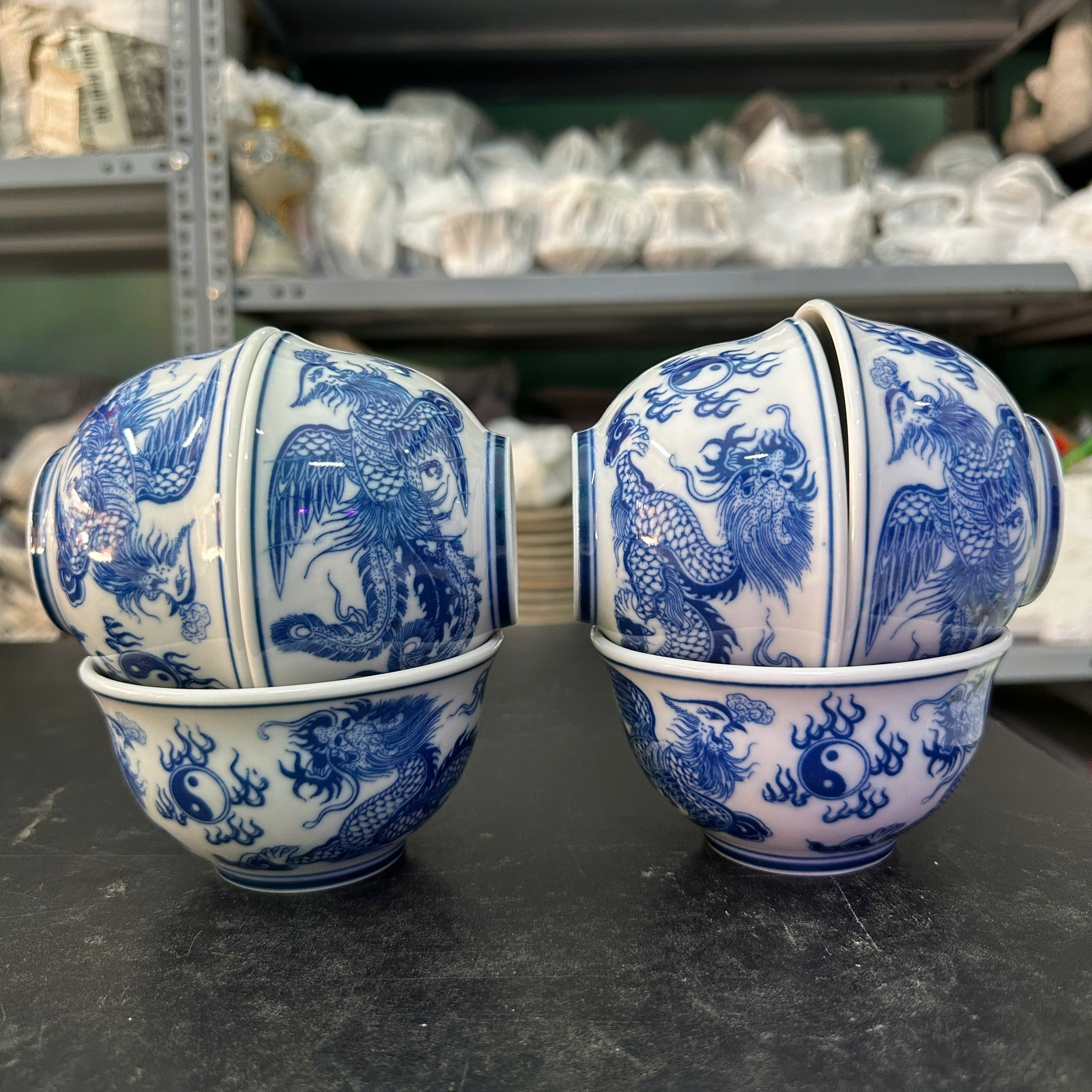 Blue Enamel Offering Bowl (Dragon and Phoenix/Lotus) - Worship Items