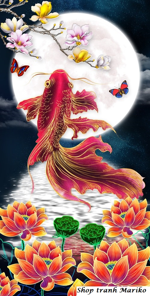 Tranh thêu Cá Chép Hóa Rồng LV3535 kích thước 43 x 75 cm