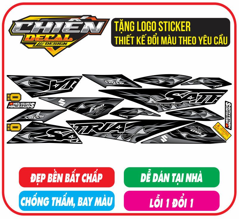 Tem rời xe satria - raider F150 mẫu tem lửa đen bạc V2 ( tem 3 lớp cao cấp)