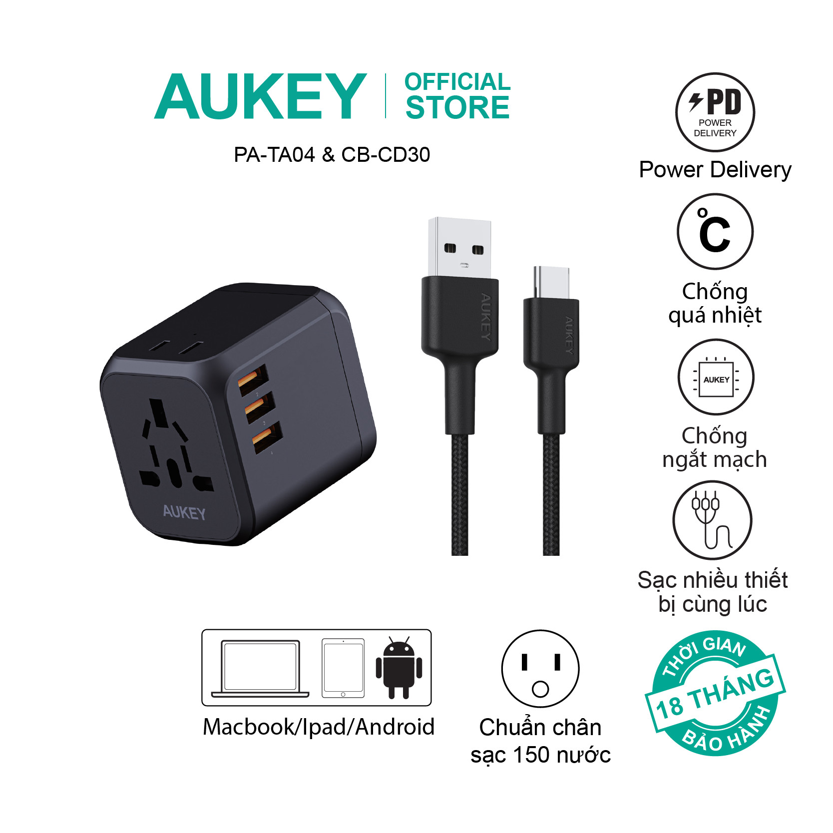 Combo bộ sạc Aukey cho Macbook, ipad, thiết bị Android củ sạc PA