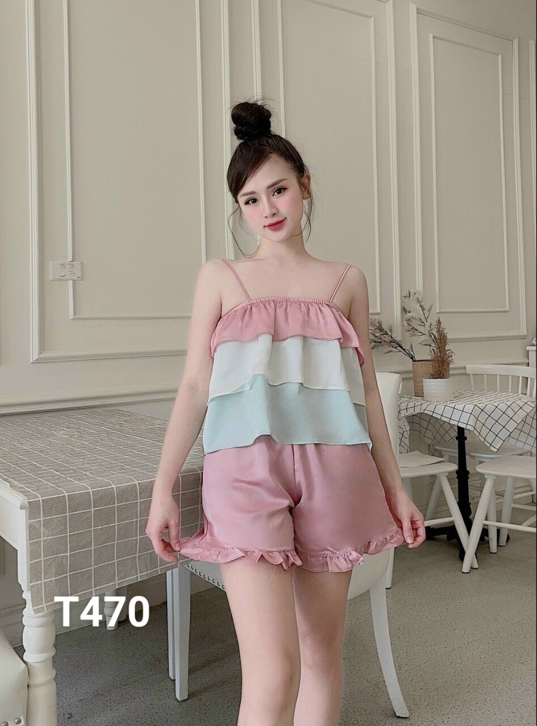 Set bộ đùi áo 2 dây xếp tầng bèo quần ngắn cực xinh, set bộ ngủ T470