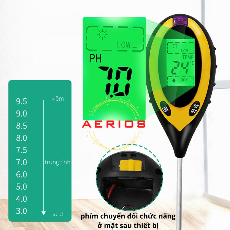 Máy đo độ pH, độ ẩm, nhiệt độ, ánh sáng của đất 4 trong 1 [TẶNG KÈM PIN 9V]