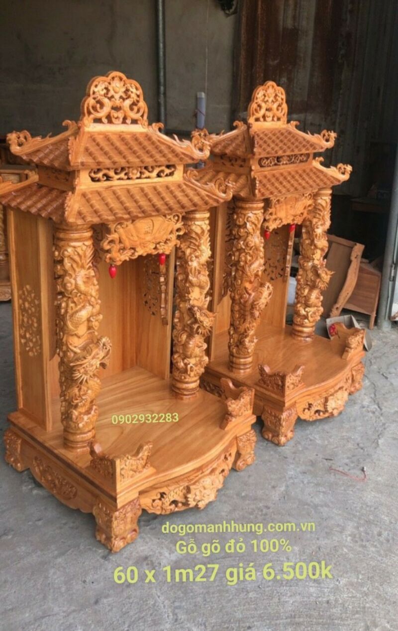[HCM]Bàn thờ ông địa thần tài, bàn thờ ông địa mái chùa gỗ gõ đỏ 60 X 1M27