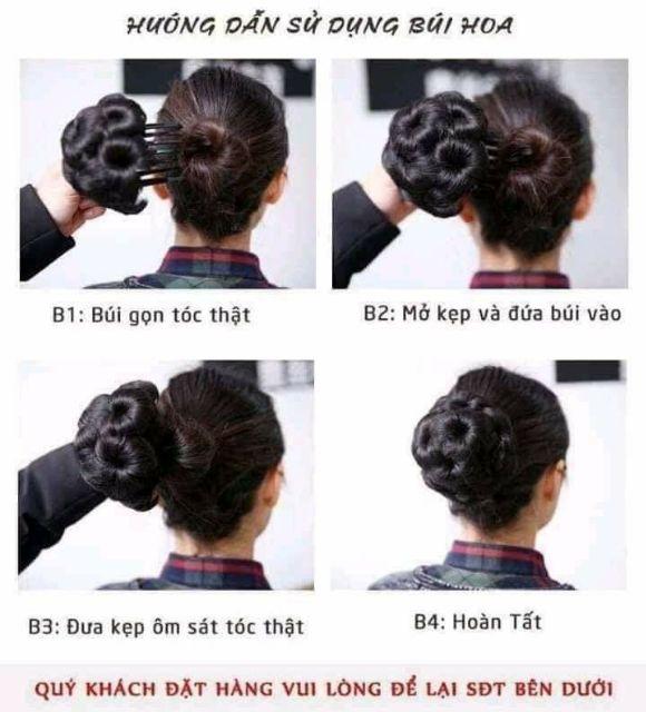 Tóc búi hoa đính đá, búi hoa gắn hạt, tóc giả búi hoa, tóc giả nữ