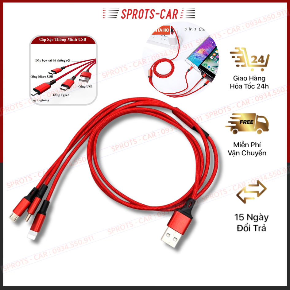 Cáp Sạc 3 trong 1 Micro USB Type C cho Huawei Xiaomi iPhone