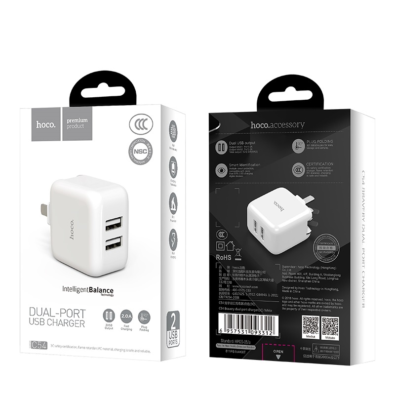 Cốc Sạc Nhanh 2 Cổng USB 2.0A HOCO C54 - Siêu Bền - Gấp Gọn