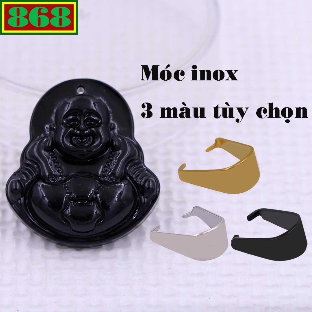 Mặt Phật Di lặc đá thạch anh đen 4.3 cm kèm móc inox, mặt dây chuyền Phật cười