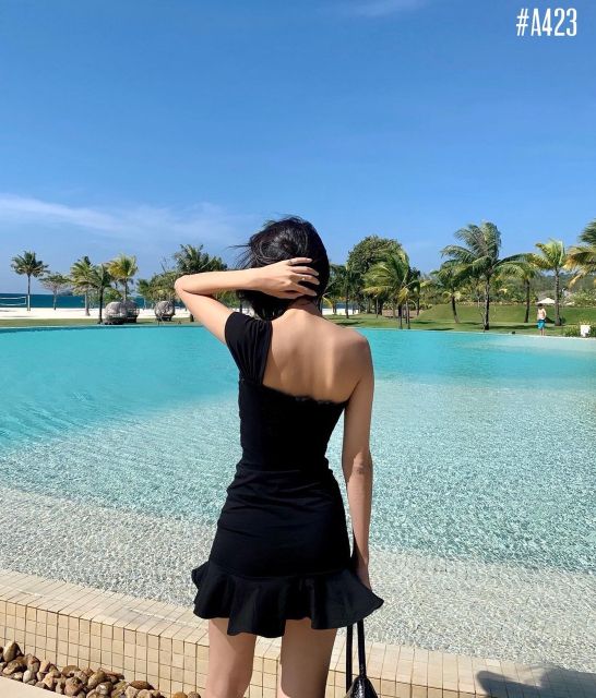 [Ảnh thật] Đầm thun body đen lệch vai lai bèo