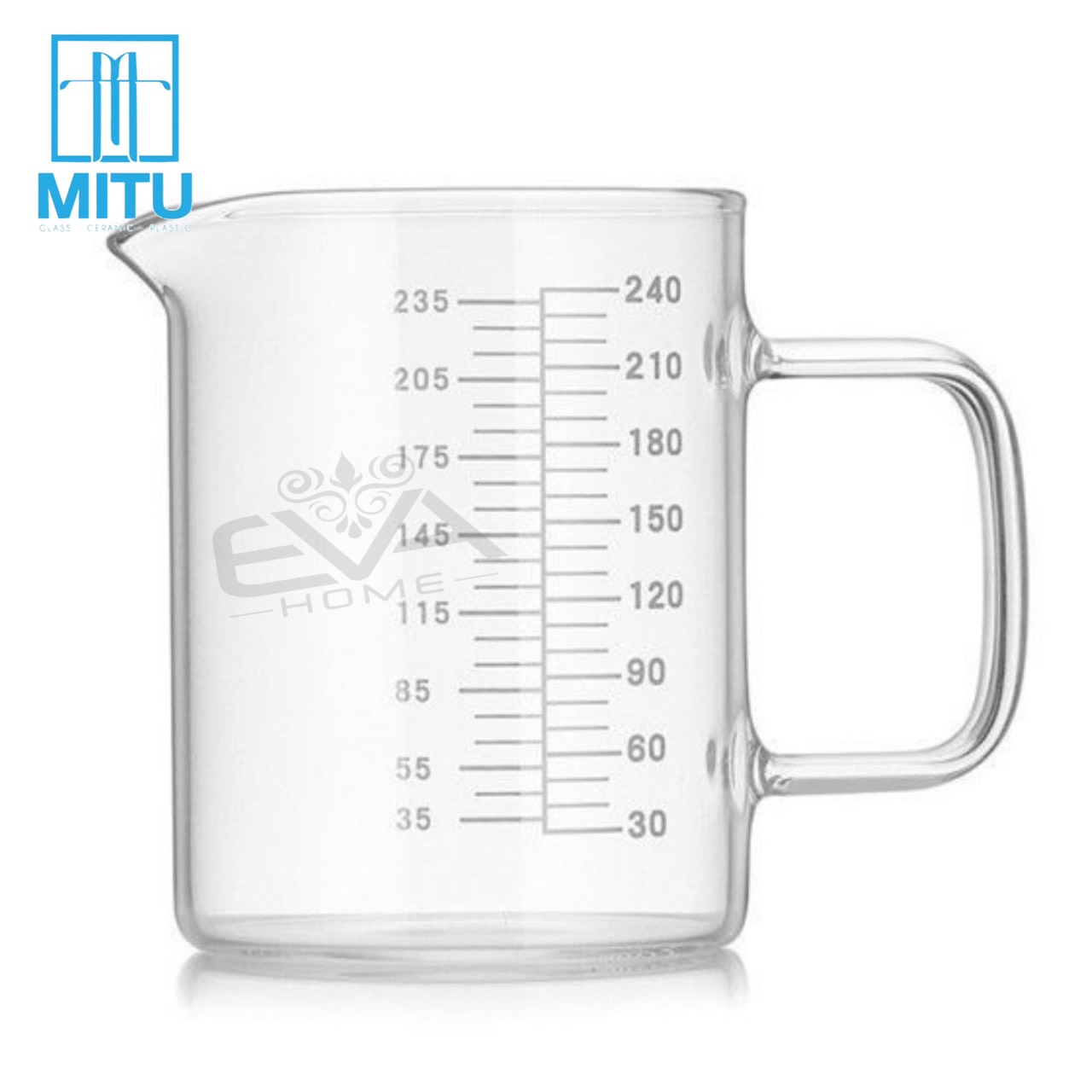 Ly thuỷ tinh chịu nhiệt quai cầm miệng rót có vạch chia đo lường dung tích 240 ml sp979