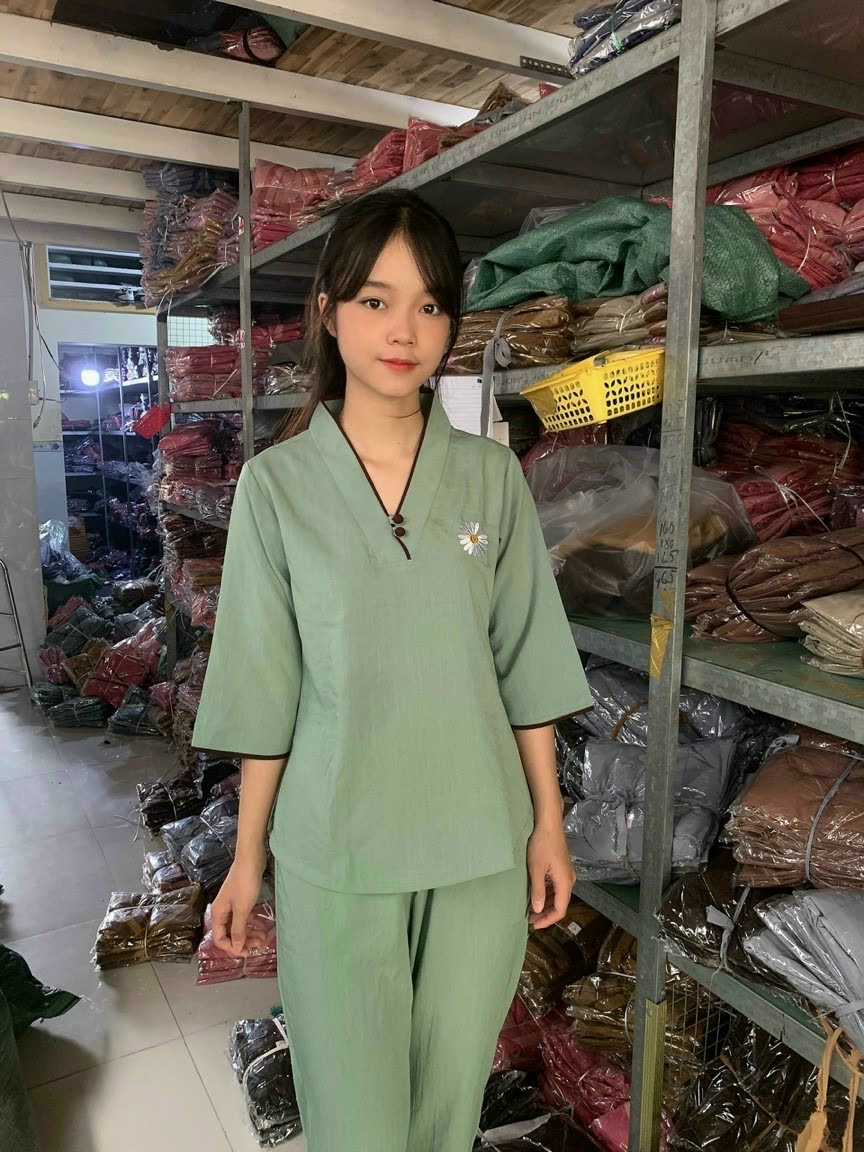 Đồ lam đi chùa nữ vải kate Mẫu hoa cúc