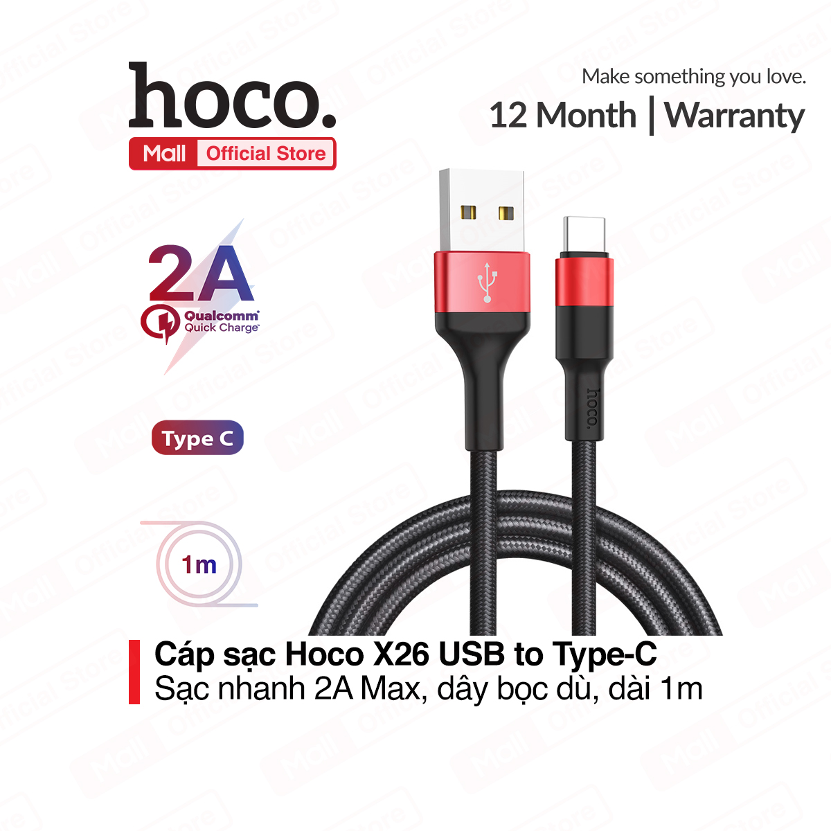 Cáp sạc nhanh và truyền dữ liệu Type C Hoco X26 sạc nhanh 2A MAX dây sạc bọc dù chống rối chống đứt dành cho Samsung Galaxy Note 9 Note10 S9 S10 S10+ dài 100cm