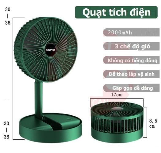 Quạt mini tích điện để bàn gấp gọn chính hãng SUPER , 3 chế độ gió, chỉnh được độ cao, quạt tích điện cầm tay sử dụng 6 - 8 tiếng, bảo hành 6 tháng