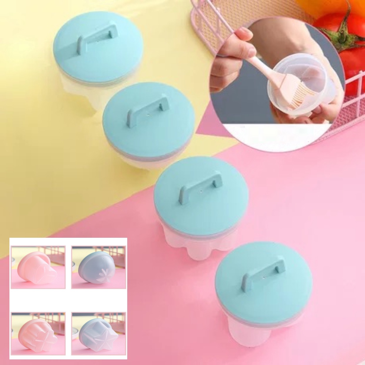 Khuôn hấp bánh, Khuôn hấp trứng cho bé (bộ 4 khuôn nhựa kèm chổi silicon quét dầu)