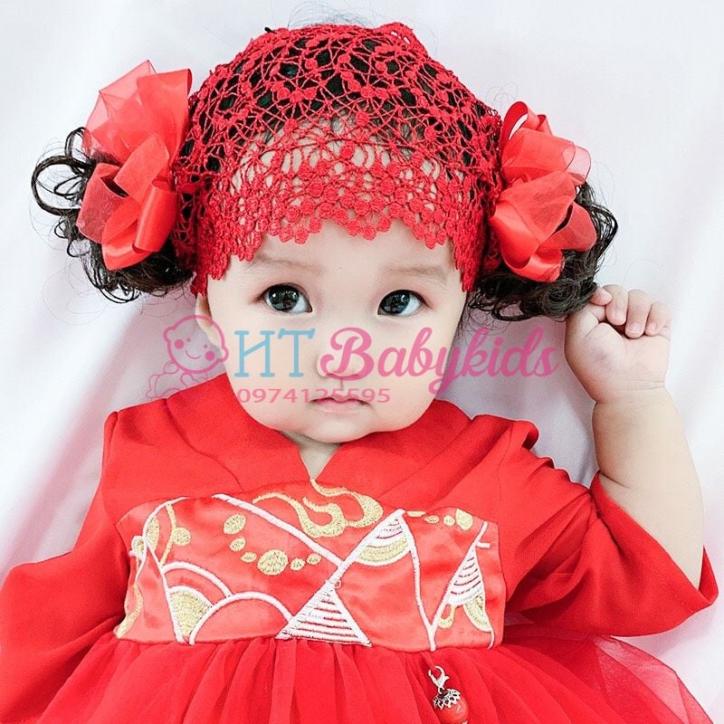 Băng Đô Tóc Giả Nơ Đỏ Cho Bé Diện Tết