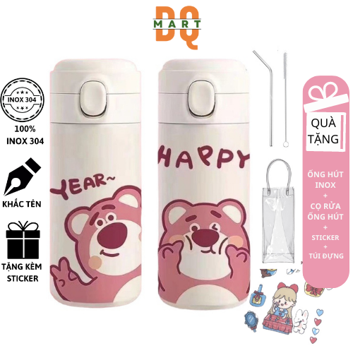 Ly Giữ Nhiệt Gấu Dâu Lotso DQMart Chất Liệu Inox 304 Cao Cấp Không Gỉ 420ml , In Hình Cute Có Ống Hút Với Dung Tích 420ml Thích Hợp Mang Đi Làm, Đi Học, Đi Du Lịch, Bảo Hành 12 Tháng, DQMart