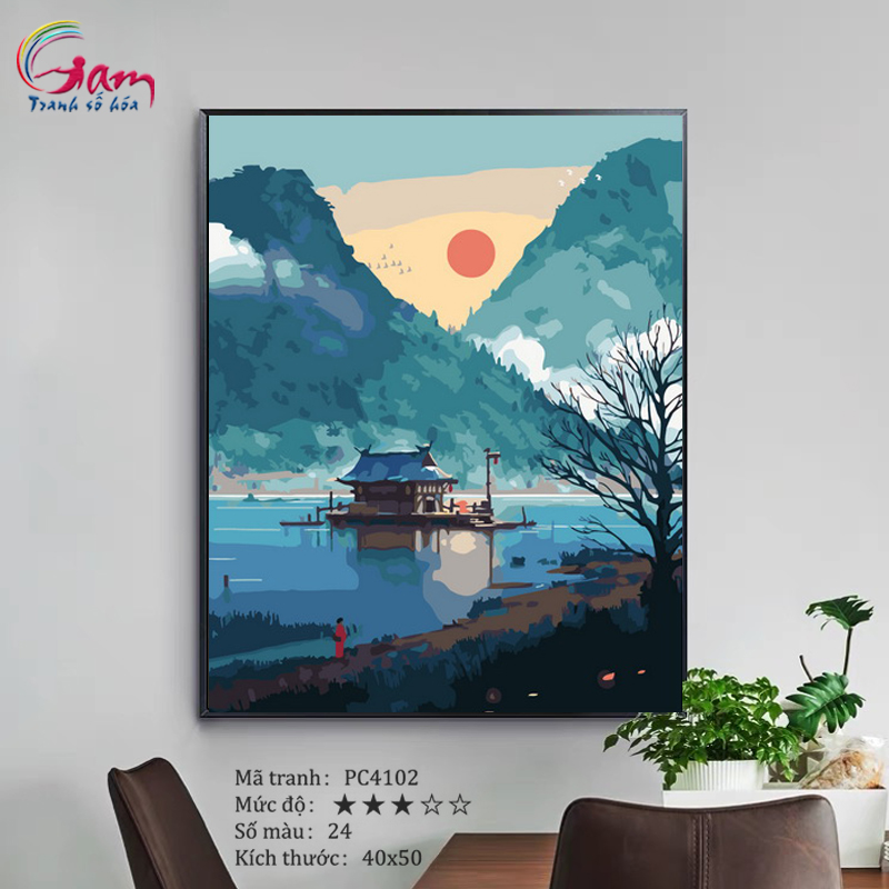 Tranh tô màu theo số phong cảnh số hoá tự tô theo số GAM cảnh thiên nhiên có sẵn căng khung dày 2.5cm