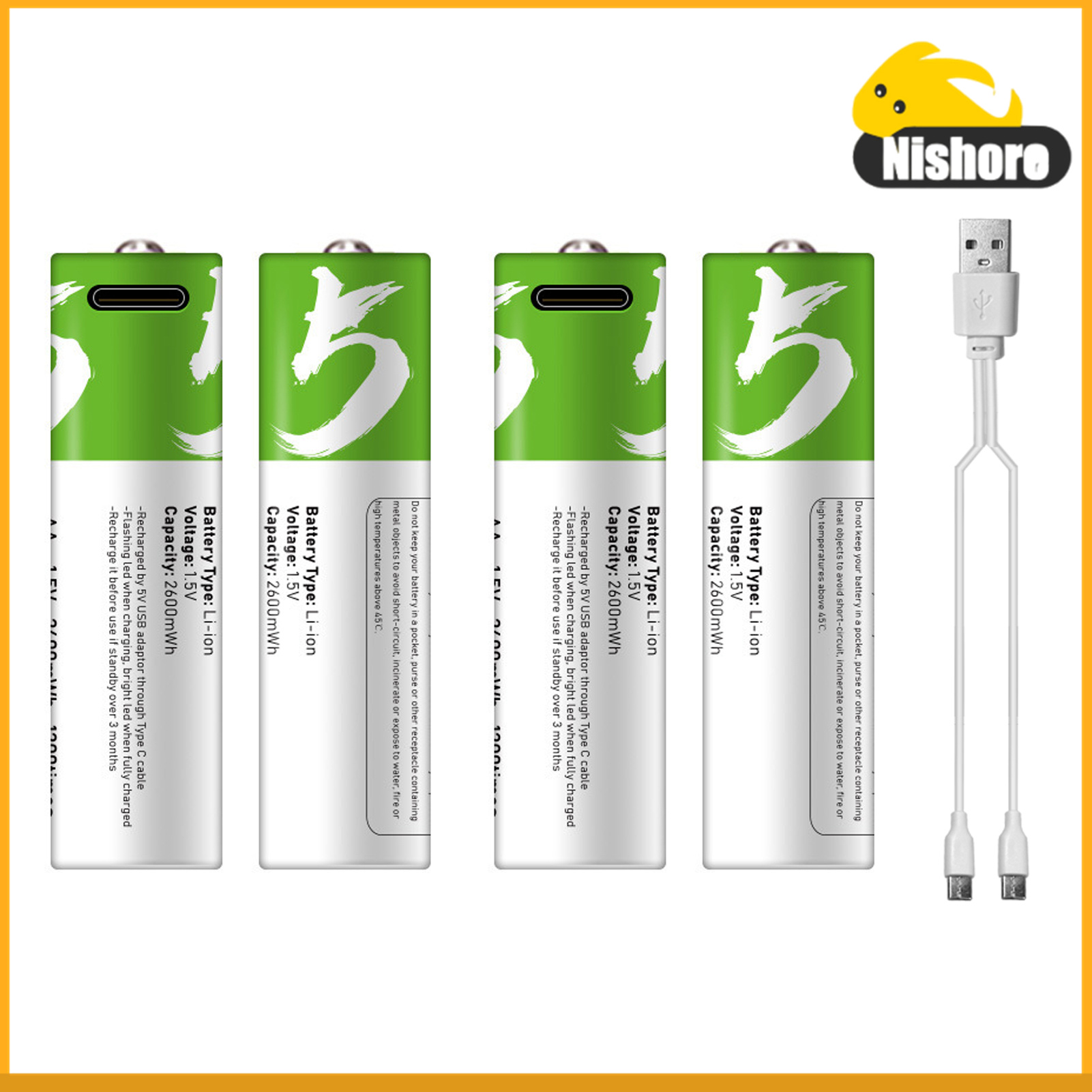 Nishore Cổng Type-C Pin lithium AA có thể sạc lại Pin 1,5V 2600mWh Công suất cao Điện áp không đổi Sạc lại nhanh Tiện ích thân thiện với môi trường Pin có thể tái sử dụng cho Chuông cửa đồ chơi điện