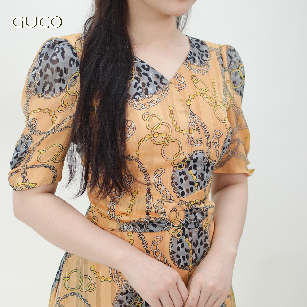 Đầm xòe midi cổ tim có khoen eo - Vàng 3860