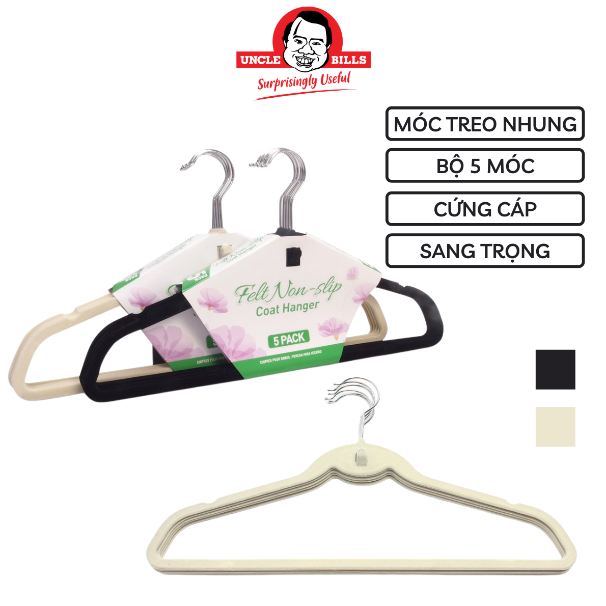 Bộ 5 móc quần áo bọc nhung UBL BL0301 (giao màu ngẫu nhiên)