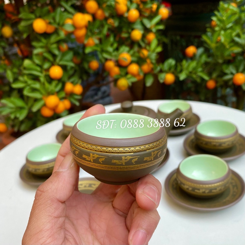 Bộ Ấm Chén Uống Trà, Bộ Ấm Chén Bát Tràng - Tử Sa Lạc Việt Xanh, Bộ Ấm Trà Trống Đồng Xanh
