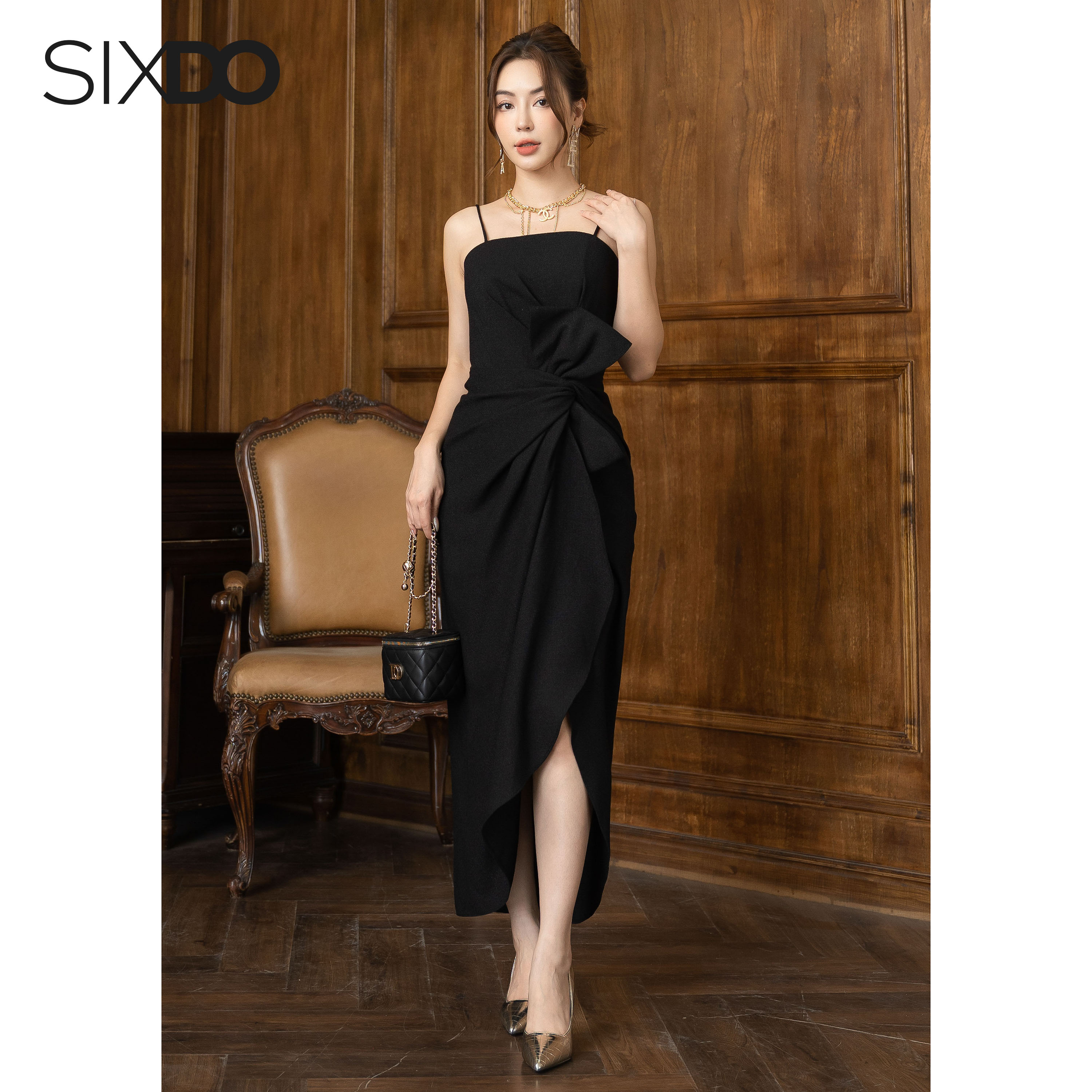 Đầm tweed hai dây phối nơ eo SIXDO (Black Strappy Midi Tweed Dress)