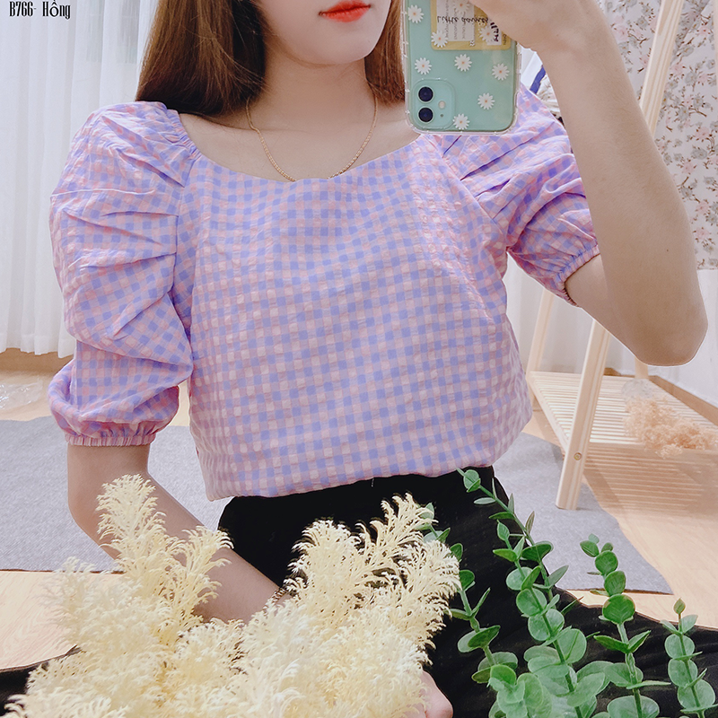 [HCM]B766- Áo caro tay xếp ly bồng