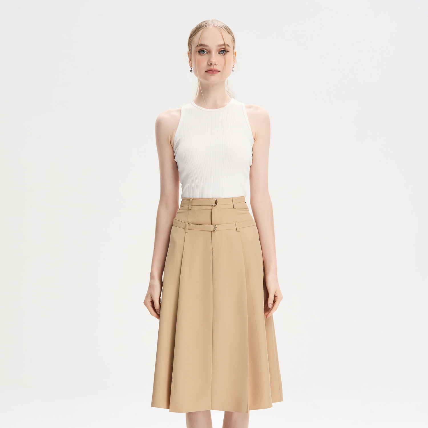 Chân váy midi xòe cotton lạnh dây lưng kiểu Maybi