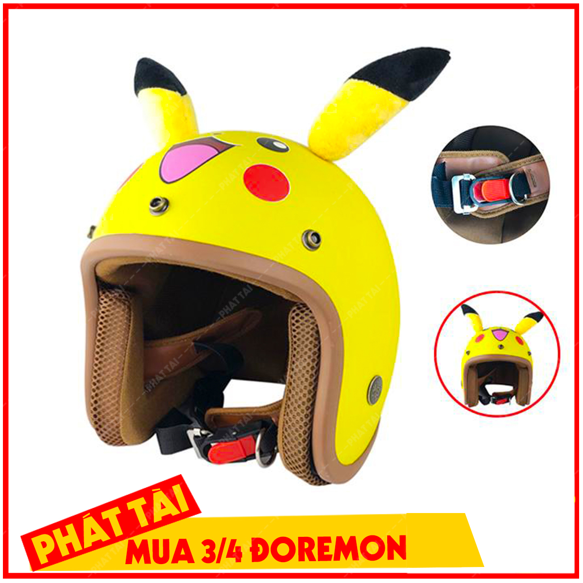 Mũ Bảo Hiểm 3 4 ASAMA TEEN Có Tai Pikachu,Sản Phẩm Chất Lượng