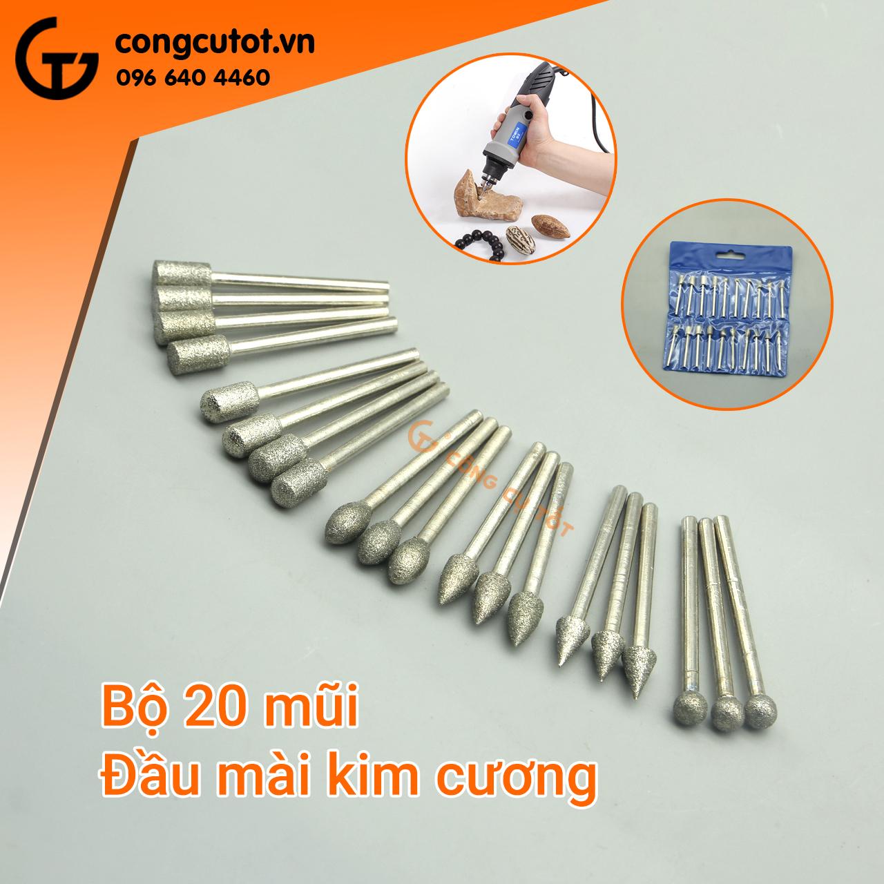 Bộ 20 đầu mài kim cương cốt 3mm phi 6mm