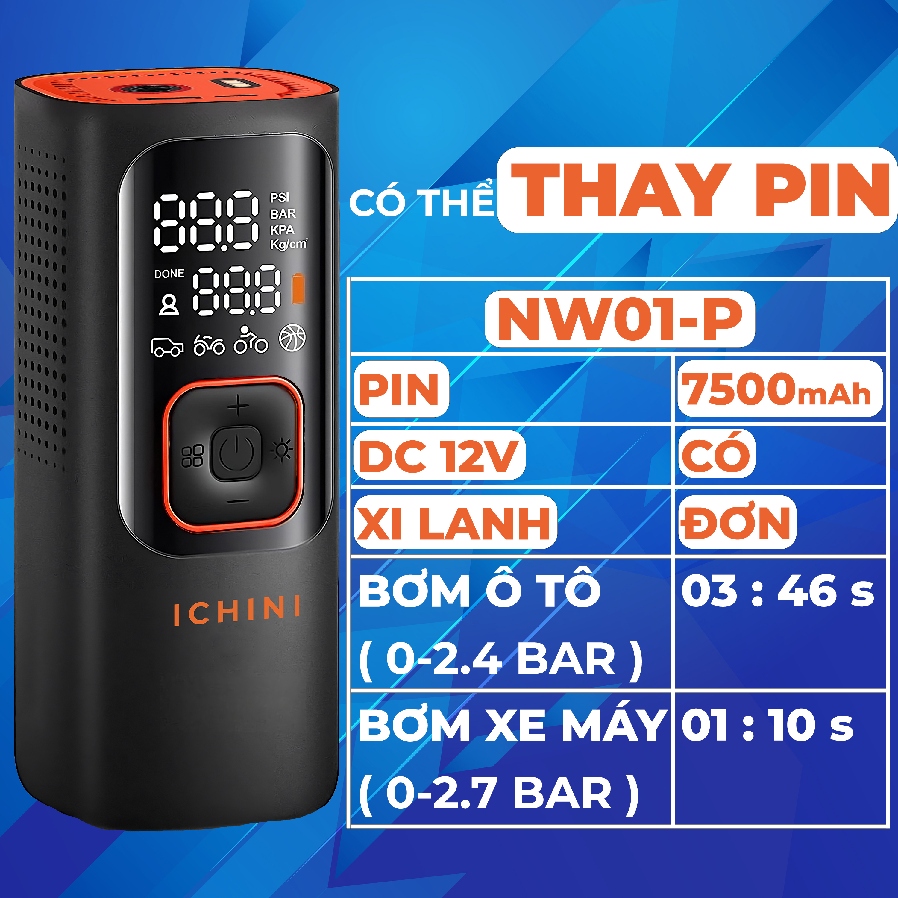 Bơm lốp ô tô không dây Ichini 12000 mAh, 7500 mAh, 4000 mAh, DC 12V, xi lanh đôi, 160 psi , nguồn điện kép