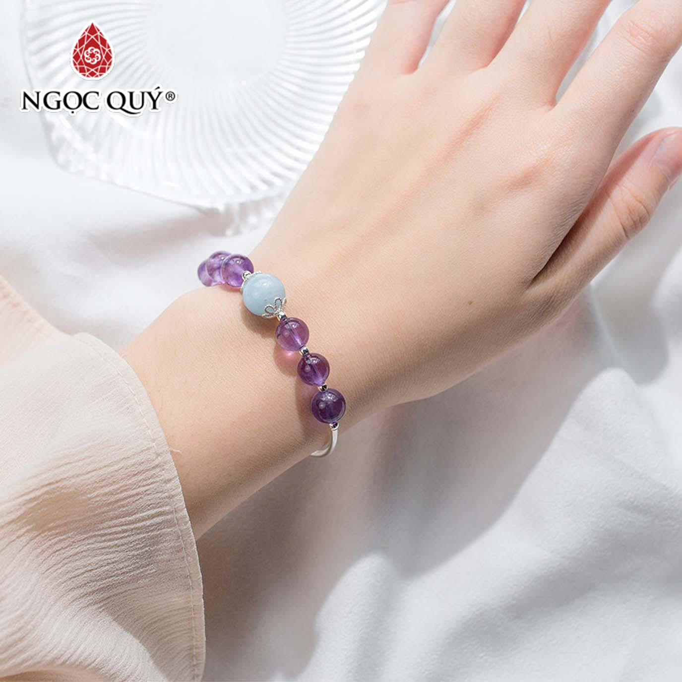 Vòng tay bạc đá thạch anh tím phối Aquamarine - Ngọc Quý Gemstones