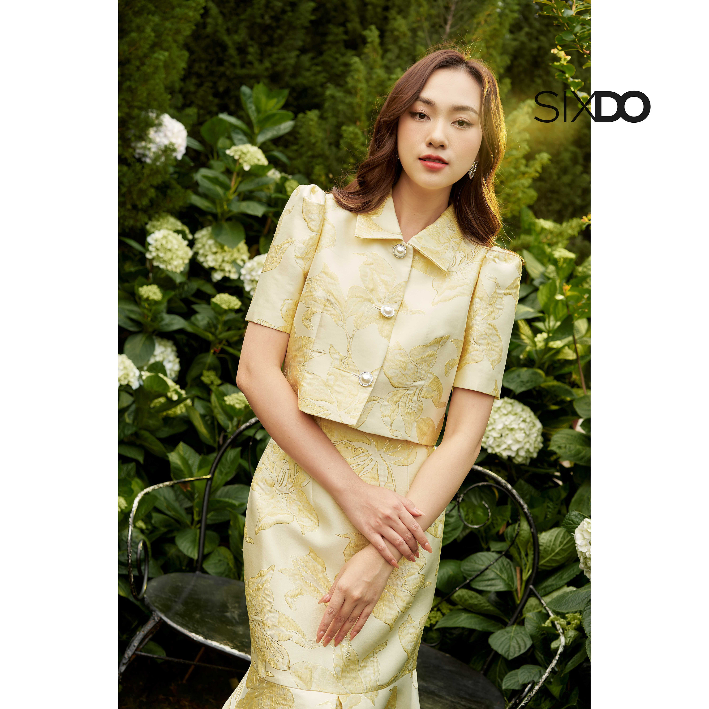 Chân váy gấm đuổi cá SIXDO (Light Yellow Lily Midi Brocade Skirt)