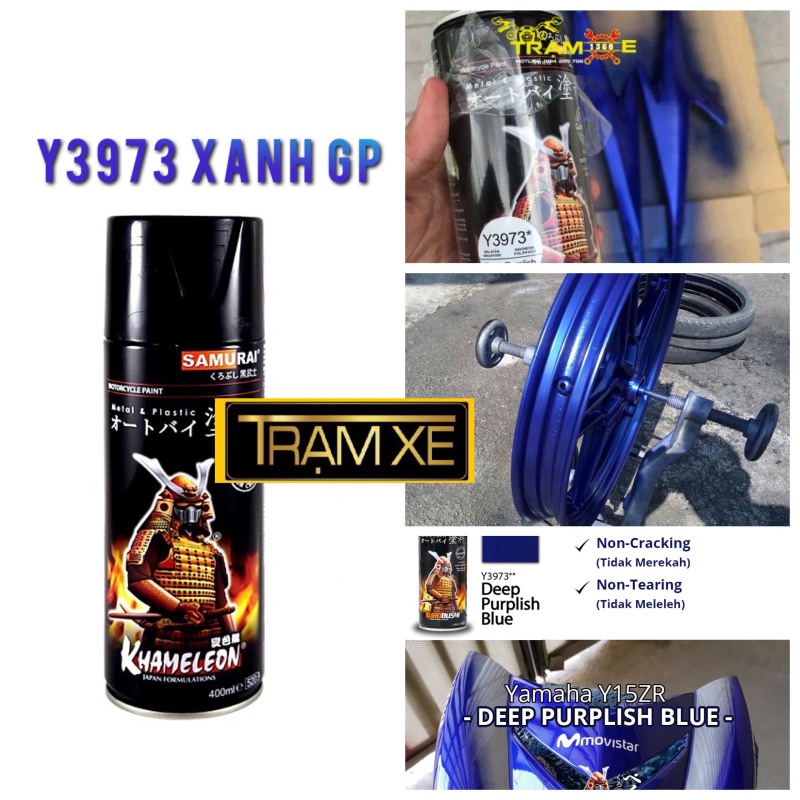 Chai Sơn Xịt Samurai Màu Xanh GP Exciter mã Y3973, Dung Tích 400ml, Dạng Chai Xịt, Chất Liệu Sơn Cao Cấp, Chống Thấm Xăng, Độ Bền Màu Cao